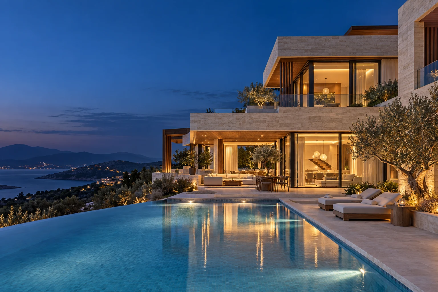 Doğal taş, cam ve sıcak ışıklarla tasarlanmış çağdaş villa konsepti
